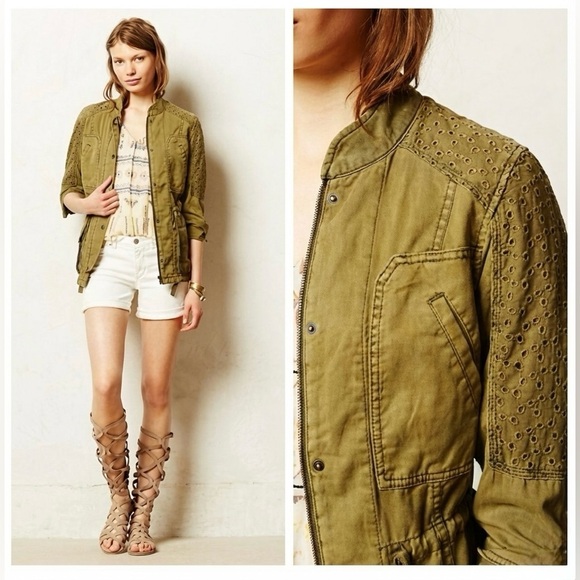 Anthropologie Sweaters - Anthropologie Hei Hei Olive Green Eyelet Military Utility Jacket